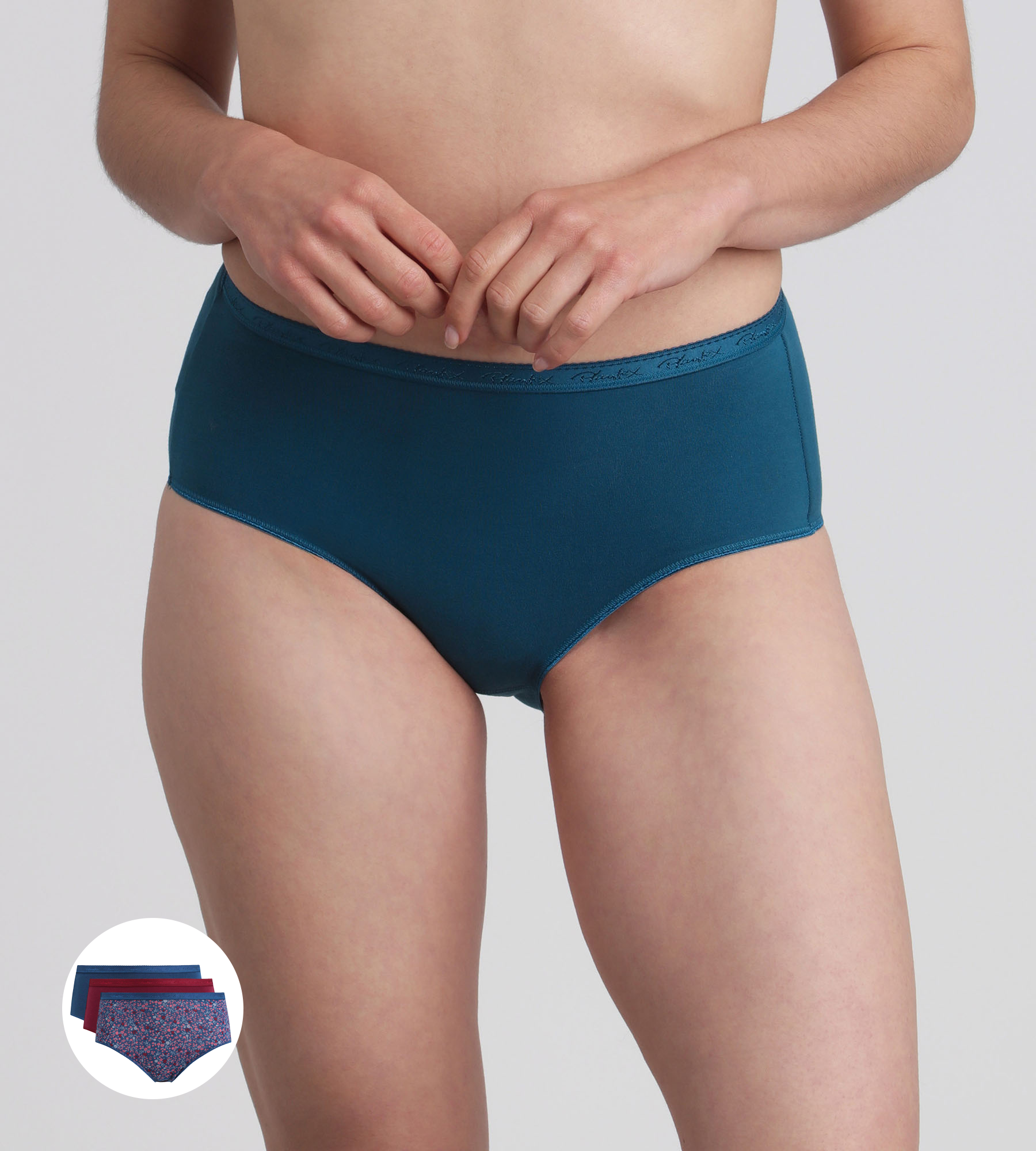 Playtex® Lot de 3 culottes taille midi rouge carmin, imprimé bleu et vert pin Coton Bio