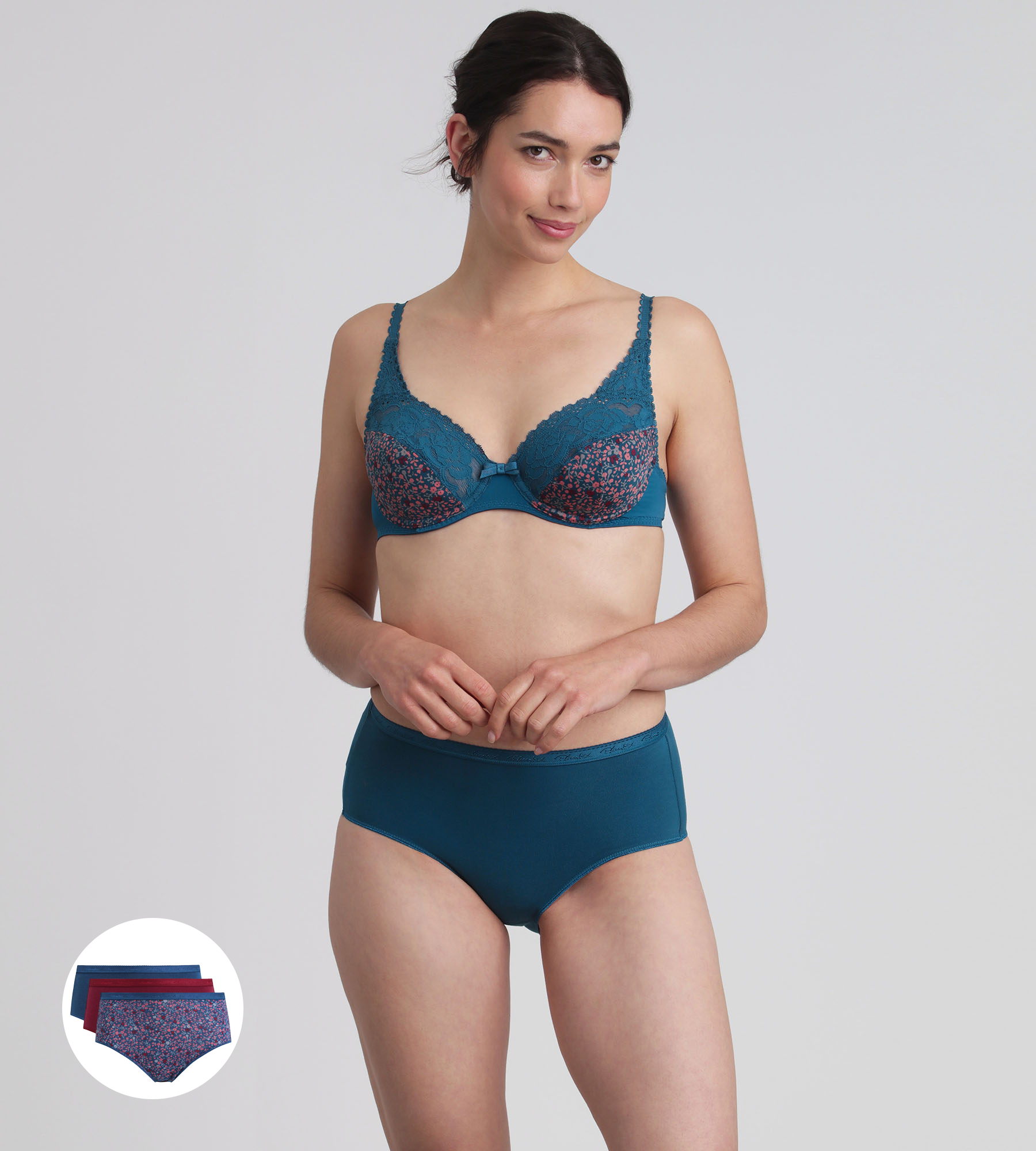 Playtex® Lot de 3 culottes taille midi rouge carmin, imprimé bleu et vert pin Coton Bio