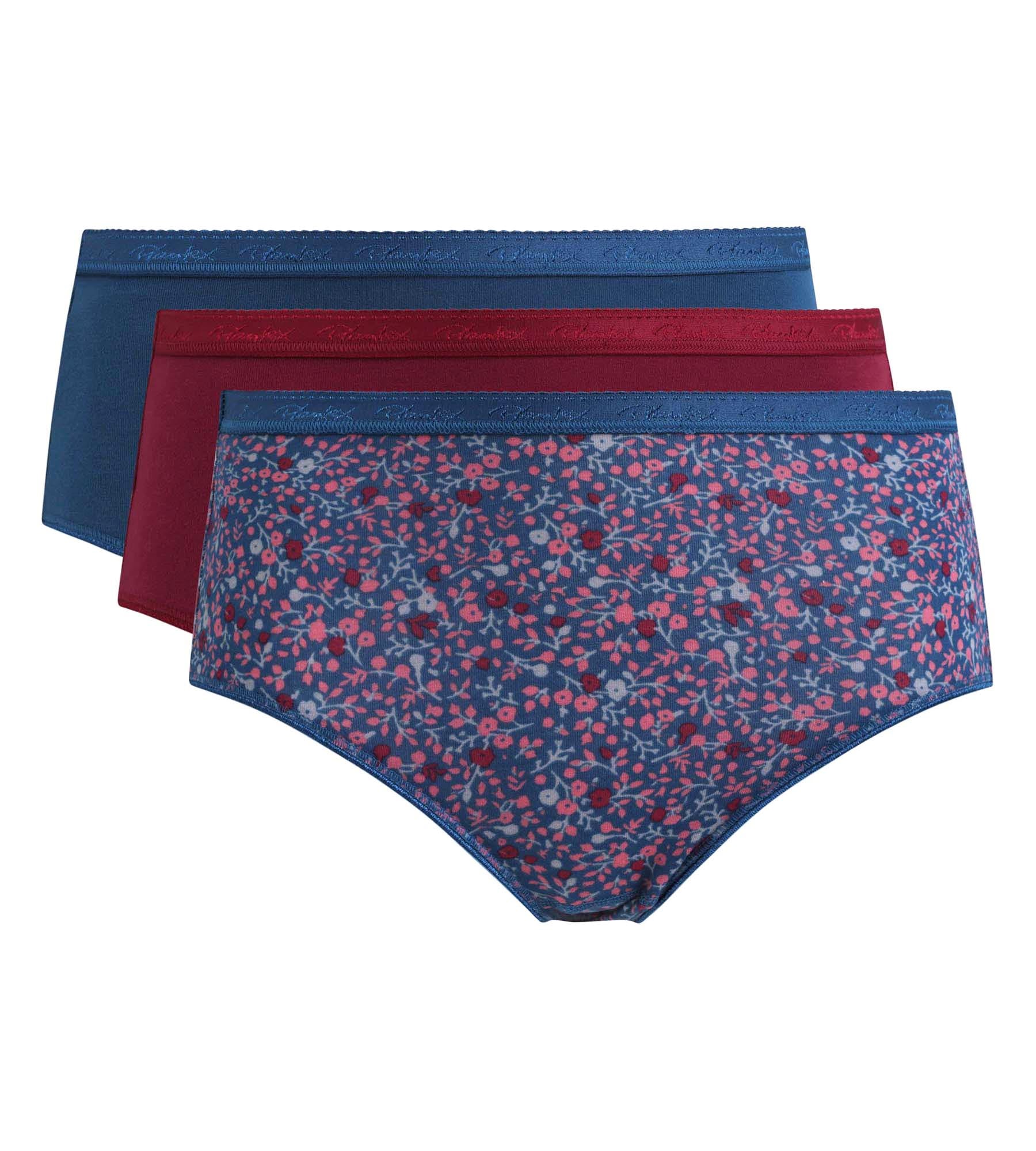 Playtex® Lot de 3 culottes taille midi rouge carmin, imprimé bleu et vert pin Coton Bio