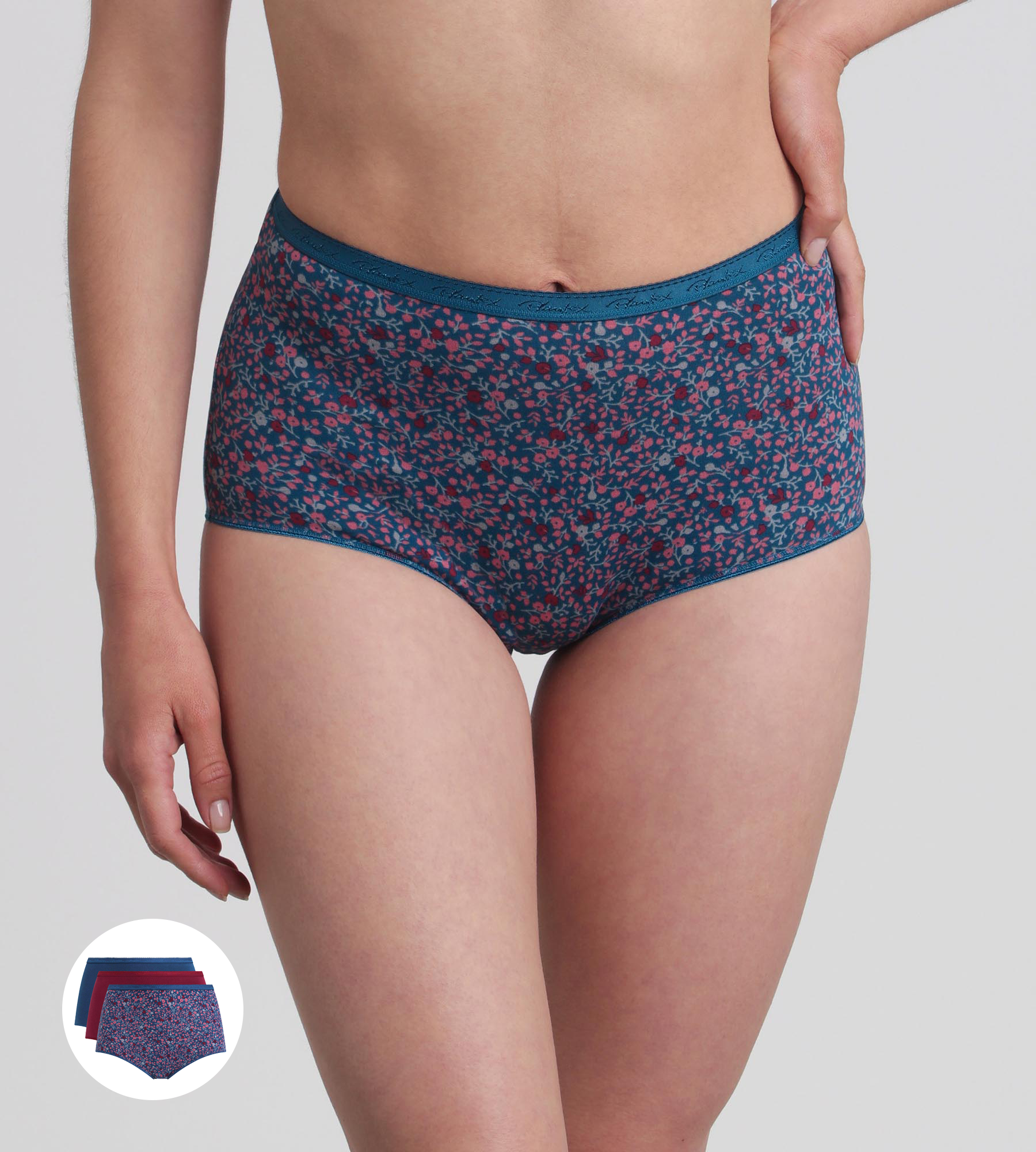 Playtex® Lot de 3 culottes taille haute rouge carmin, imprimé bleu et vert pin Coton Bio
