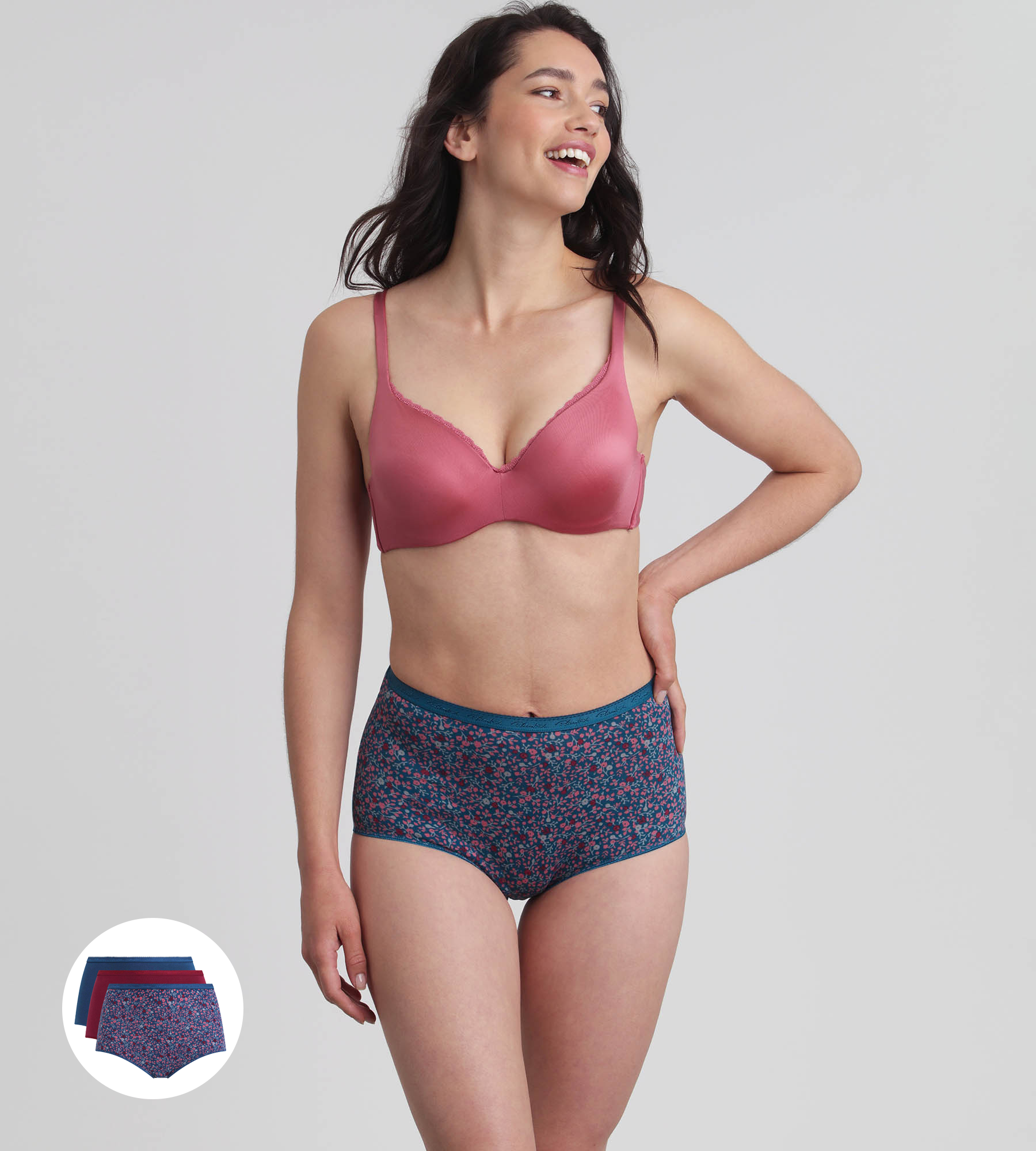 Playtex® Lot de 3 culottes taille haute rouge carmin, imprimé bleu et vert pin Coton Bio