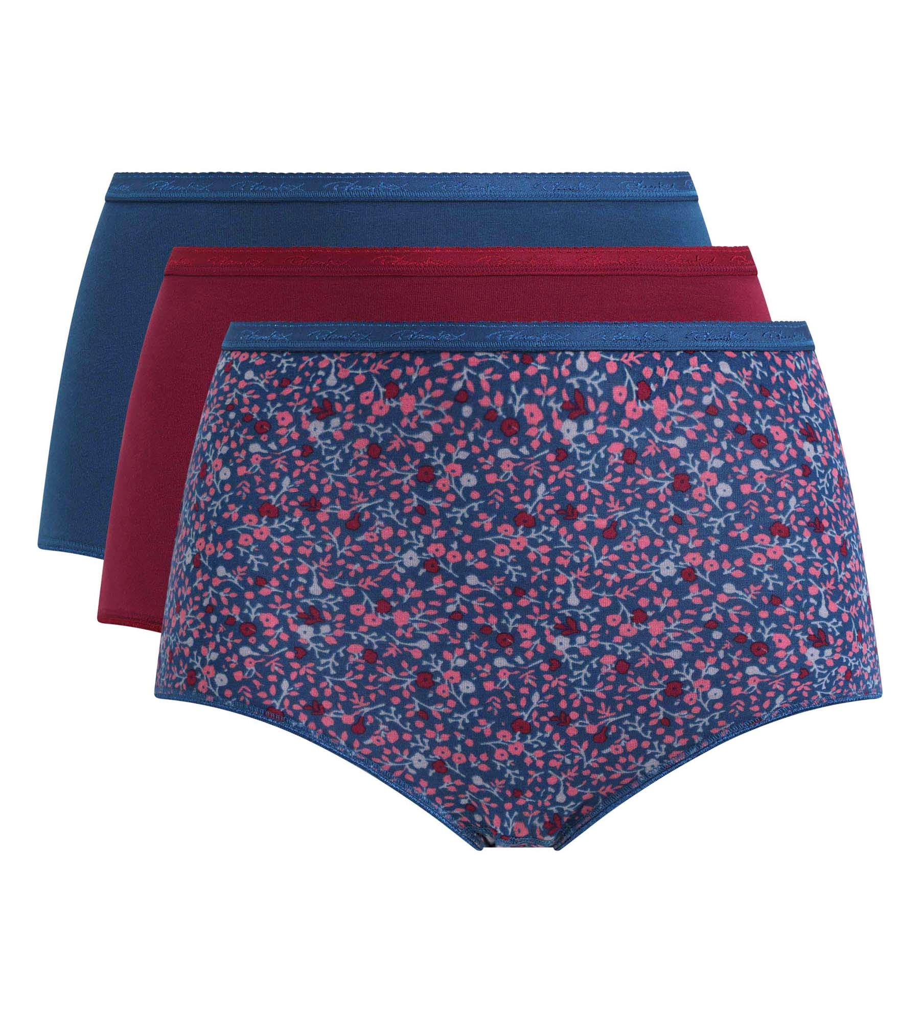 Playtex® Lot de 3 culottes taille haute rouge carmin, imprimé bleu et vert pin Coton Bio