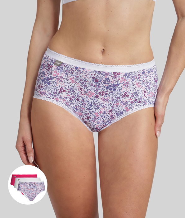Playtex® Lot de 3 culottes hibiscus, blanc et imprimé fleuri violet Cotton Stretch