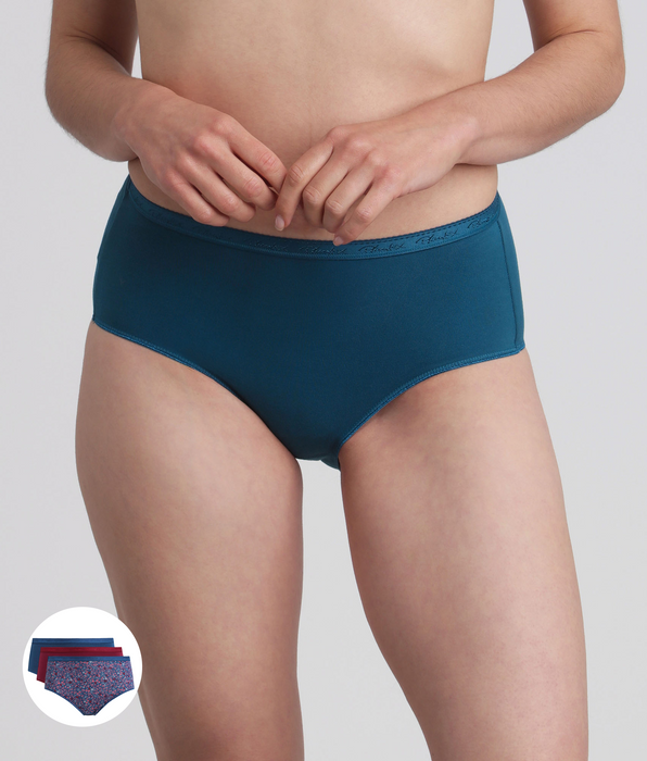 Playtex® Lot de 3 culottes taille midi rouge carmin, imprimé bleu et vert pin Coton Bio