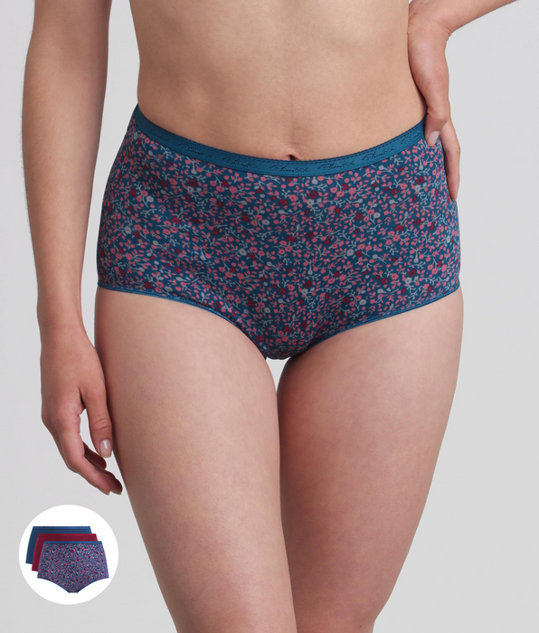 Playtex® Lot de 3 culottes taille haute rouge carmin, imprimé bleu et vert pin Coton Bio
