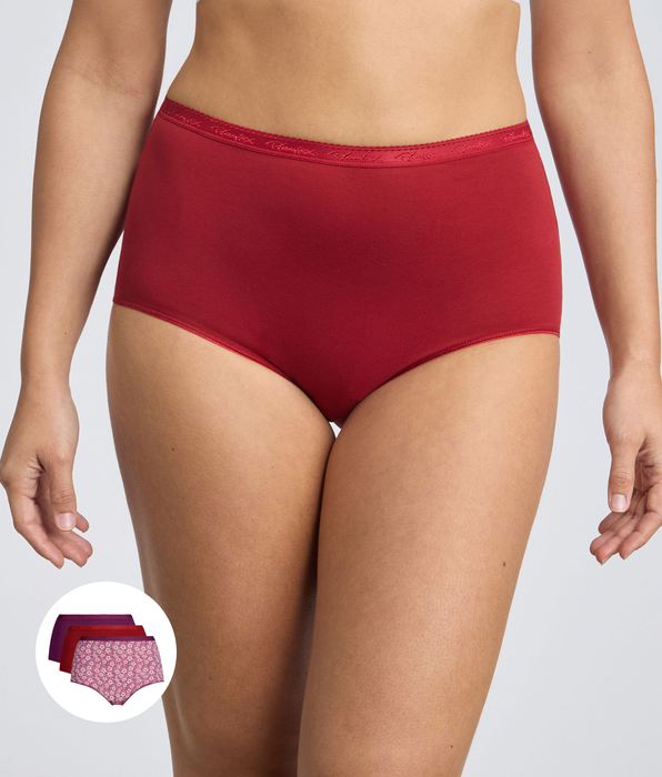 Playtex® Lot de 3 culottes taille haute rouge, violet et imprimé fleuri Coton Bio
